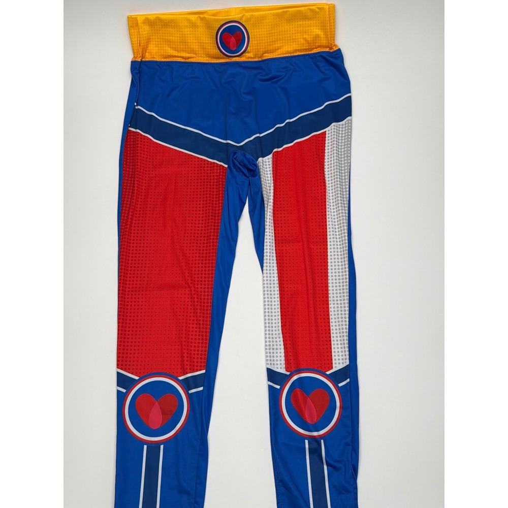 Towsleys Womens Superhero Heart Graphic Performance Leggings Blue Red Yellow M